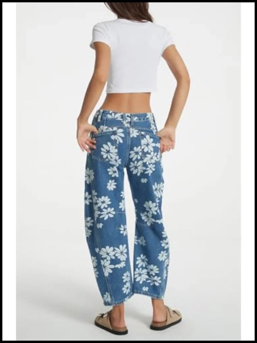 Women Printed Barrel Jeans Casual Low Rise Floral Cropped Wide Leg Denim Pants